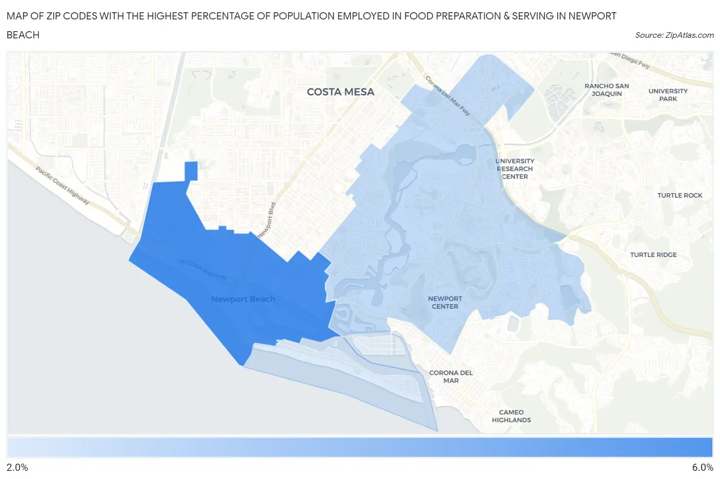 Zip Codes with the Highest Percentage of Population Employed in Food Preparation & Serving in Newport Beach Map