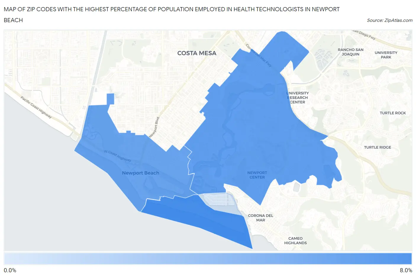 Zip Codes with the Highest Percentage of Population Employed in Health Technologists in Newport Beach Map