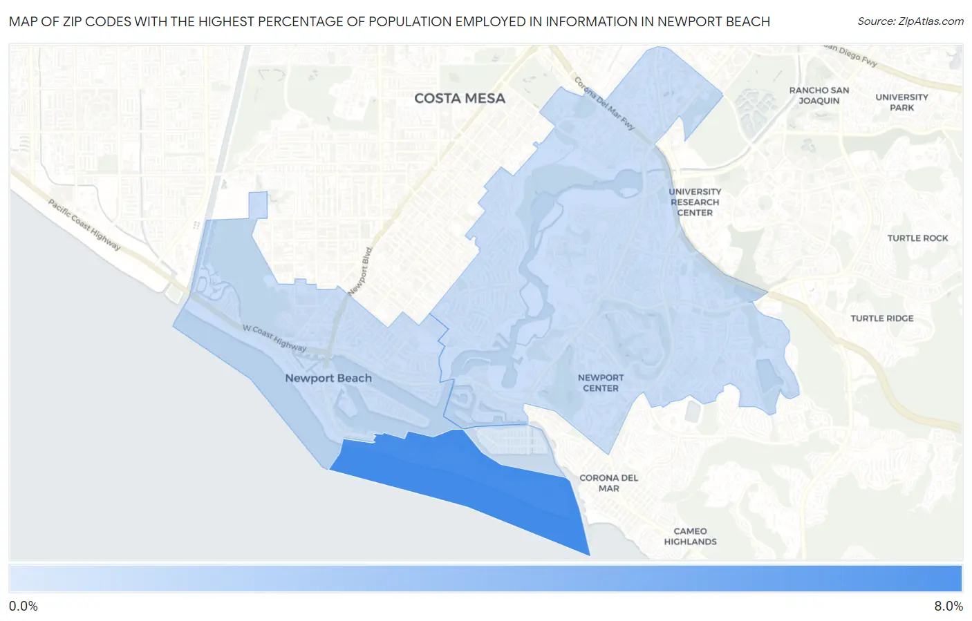 Zip Codes with the Highest Percentage of Population Employed in Information in Newport Beach Map