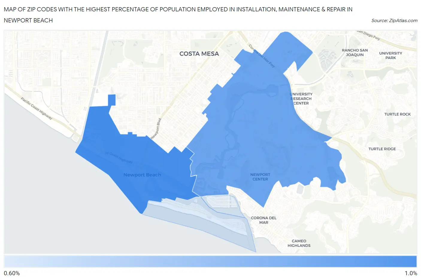 Zip Codes with the Highest Percentage of Population Employed in Installation, Maintenance & Repair in Newport Beach Map