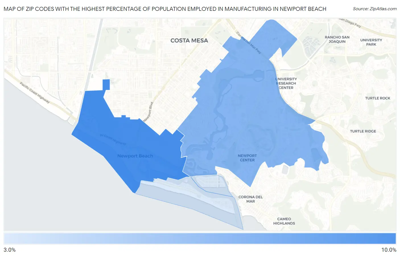 Zip Codes with the Highest Percentage of Population Employed in Manufacturing in Newport Beach Map
