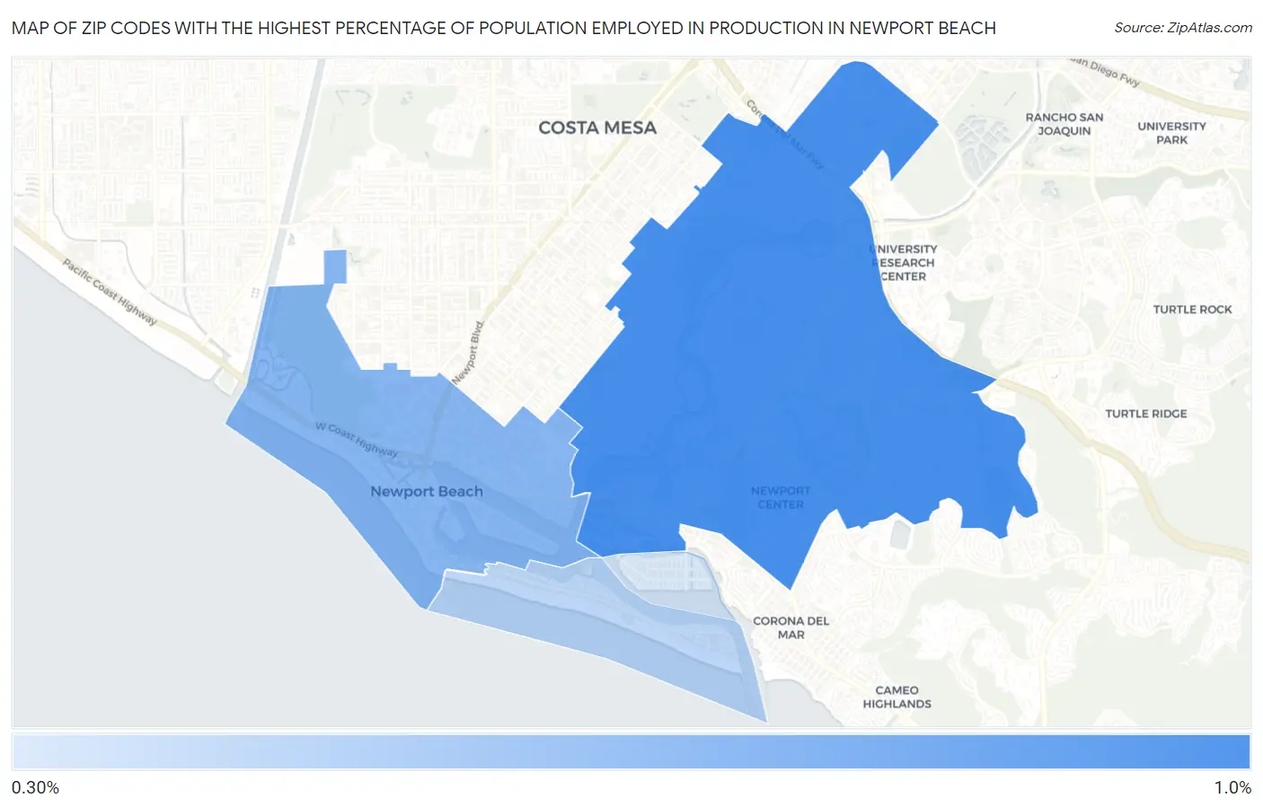 Zip Codes with the Highest Percentage of Population Employed in Production in Newport Beach Map