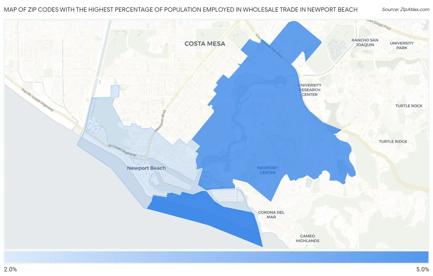 Zip Codes with the Highest Percentage of Population Employed in Wholesale Trade in Newport Beach Map