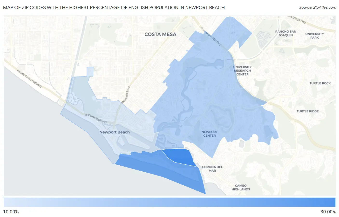 Zip Codes with the Highest Percentage of English Population in Newport Beach Map