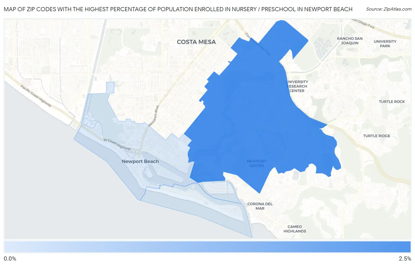 Zip Codes with the Highest Percentage of Population Enrolled in Nursery / Preschool in Newport Beach Map