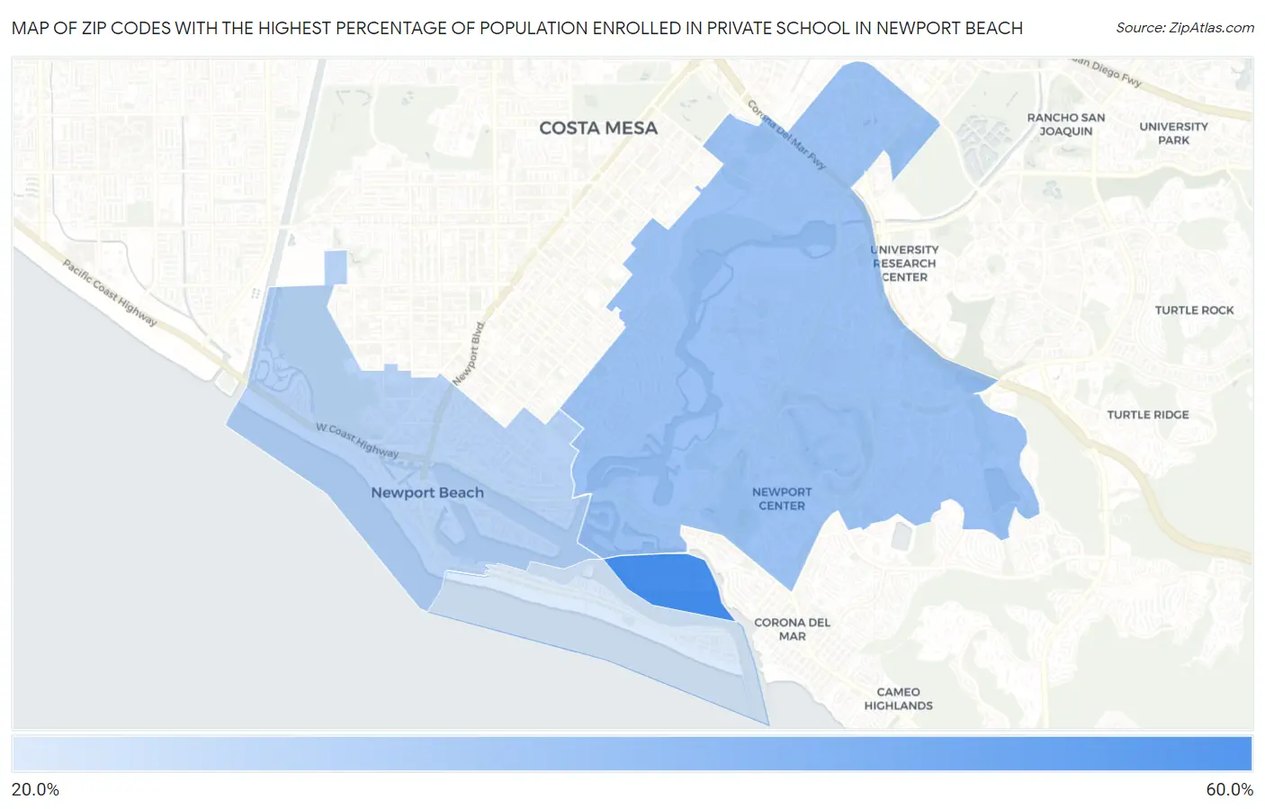 Zip Codes with the Highest Percentage of Population Enrolled in Private School in Newport Beach Map