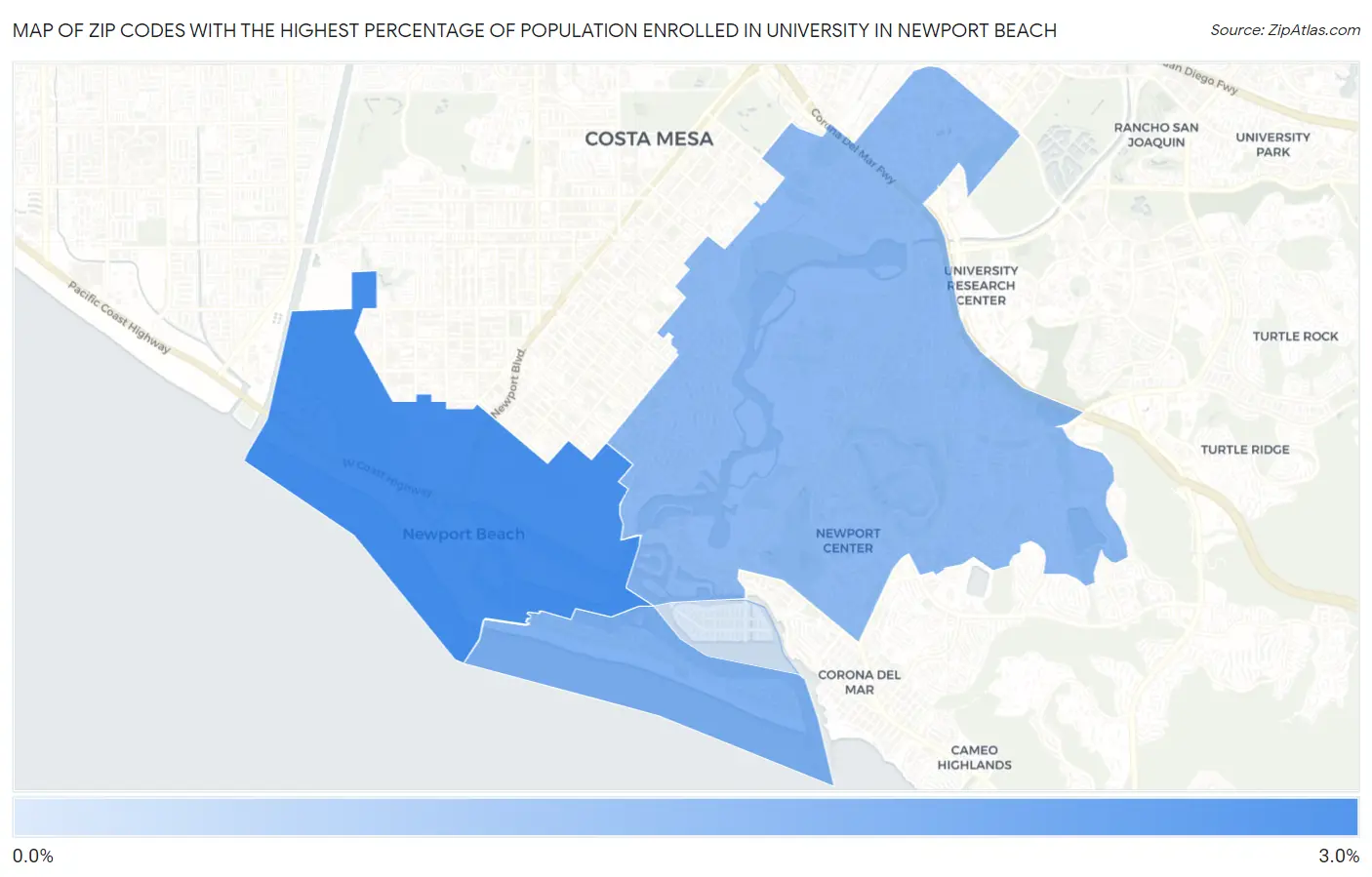 Zip Codes with the Highest Percentage of Population Enrolled in University in Newport Beach Map