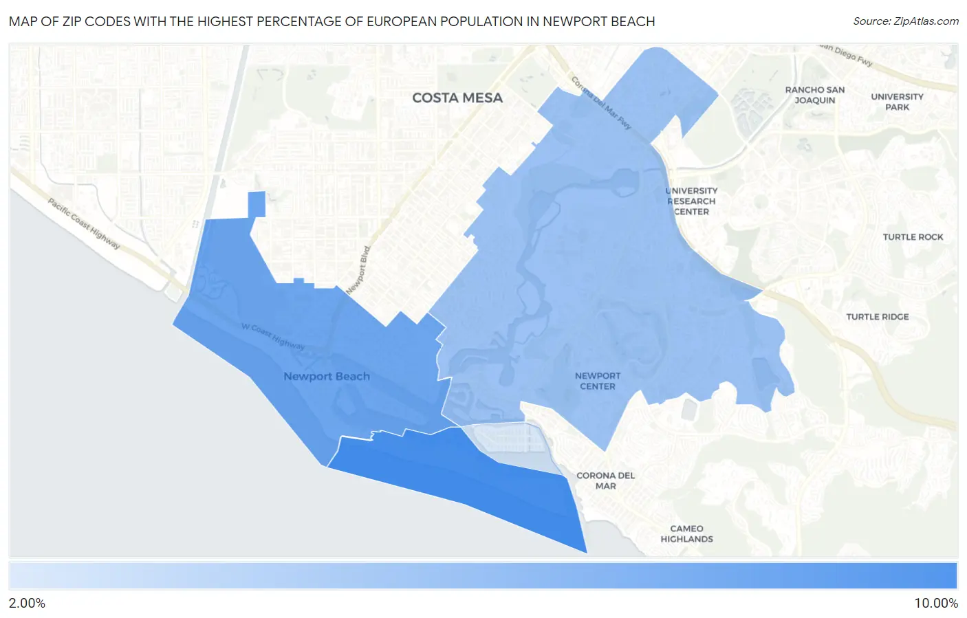 Zip Codes with the Highest Percentage of European Population in Newport Beach Map