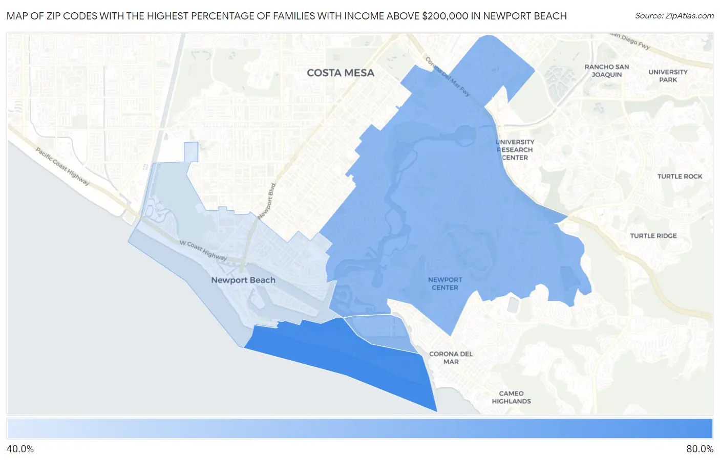 Zip Codes with the Highest Percentage of Families with Income Above $200,000 in Newport Beach Map