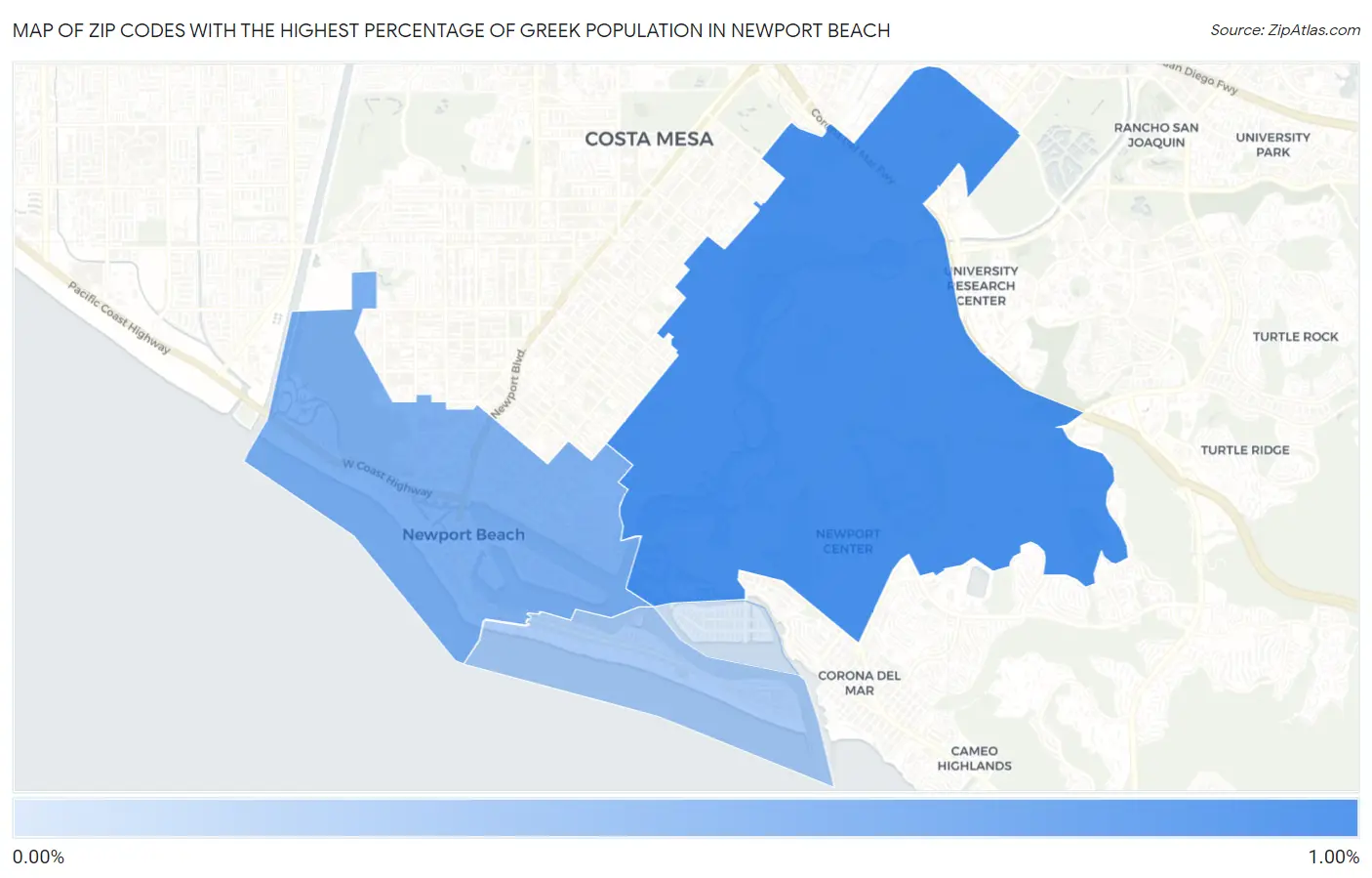 Zip Codes with the Highest Percentage of Greek Population in Newport Beach Map
