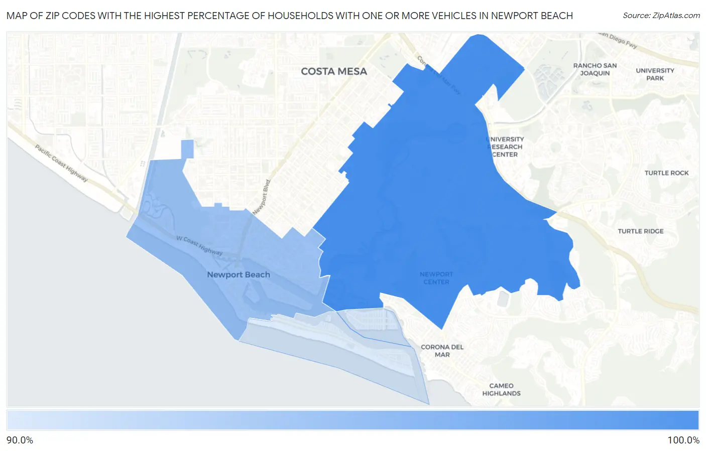 Zip Codes with the Highest Percentage of Households With One or more Vehicles in Newport Beach Map