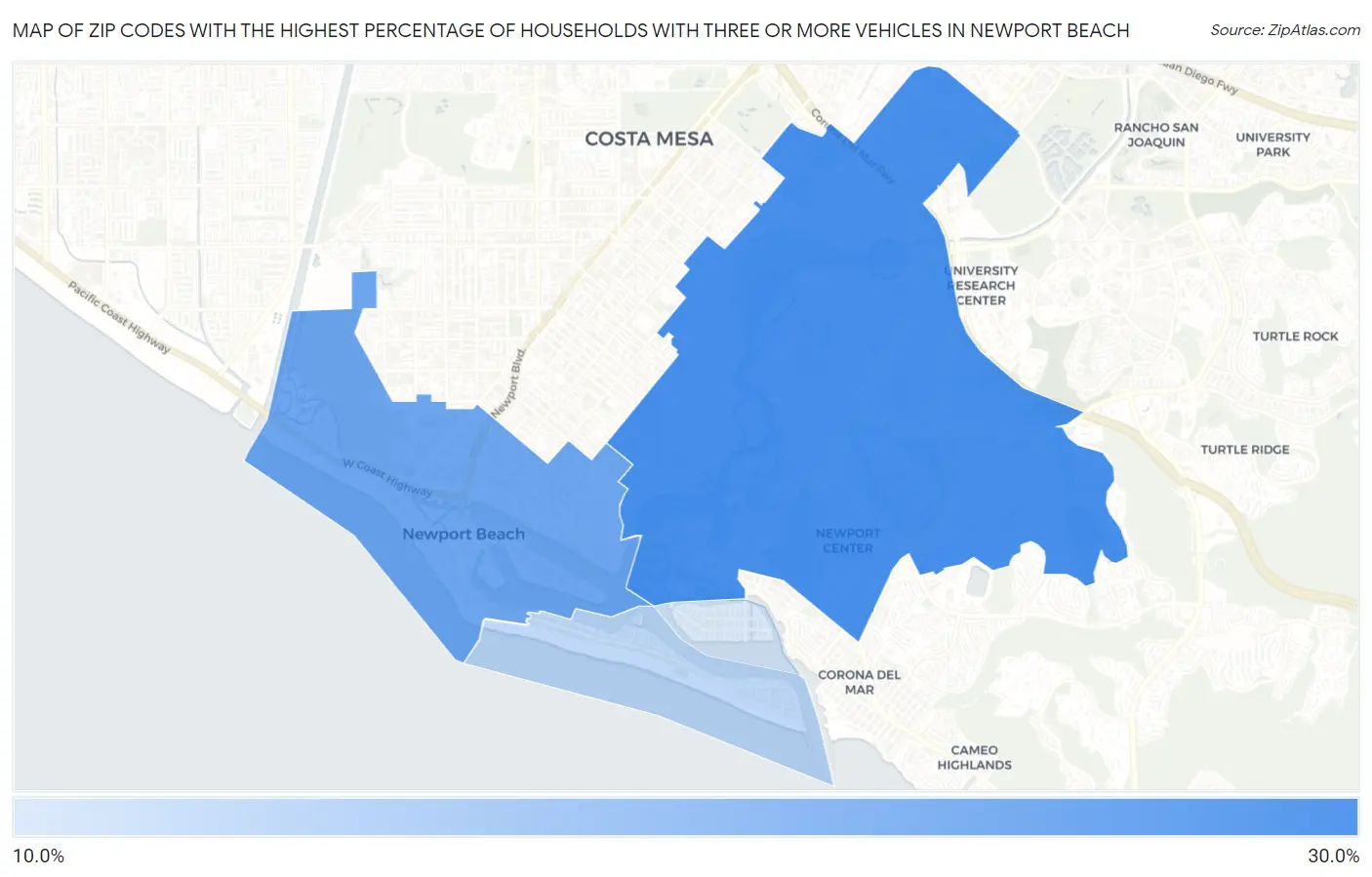 Zip Codes with the Highest Percentage of Households With Three or more Vehicles in Newport Beach Map