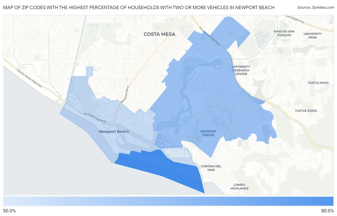 Zip Codes with the Highest Percentage of Households With Two or more Vehicles in Newport Beach Map