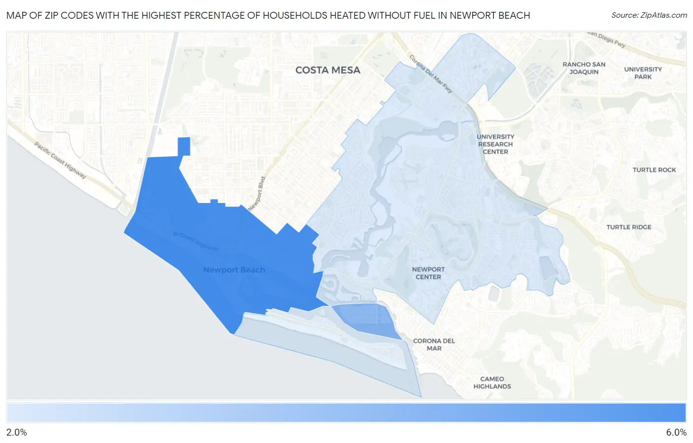 Zip Codes with the Highest Percentage of Households Heated without Fuel in Newport Beach Map