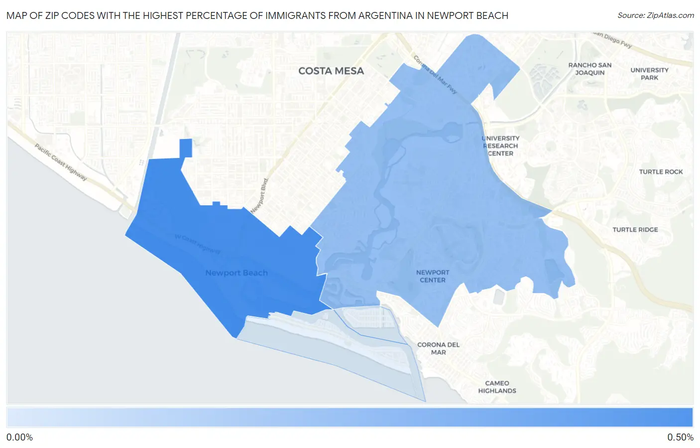 Zip Codes with the Highest Percentage of Immigrants from Argentina in Newport Beach Map