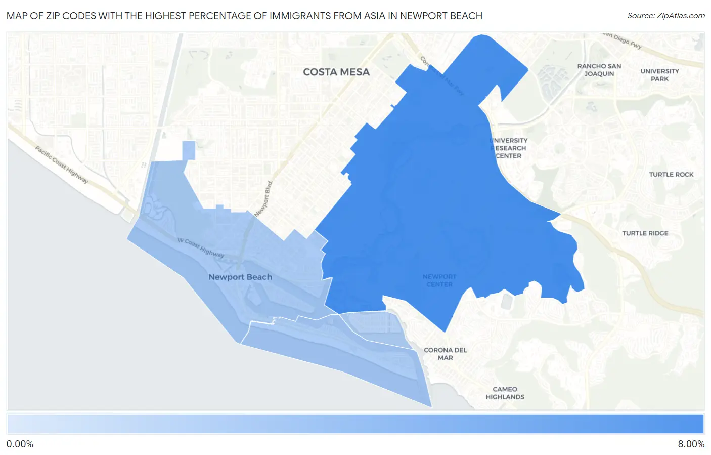 Zip Codes with the Highest Percentage of Immigrants from Asia in Newport Beach Map