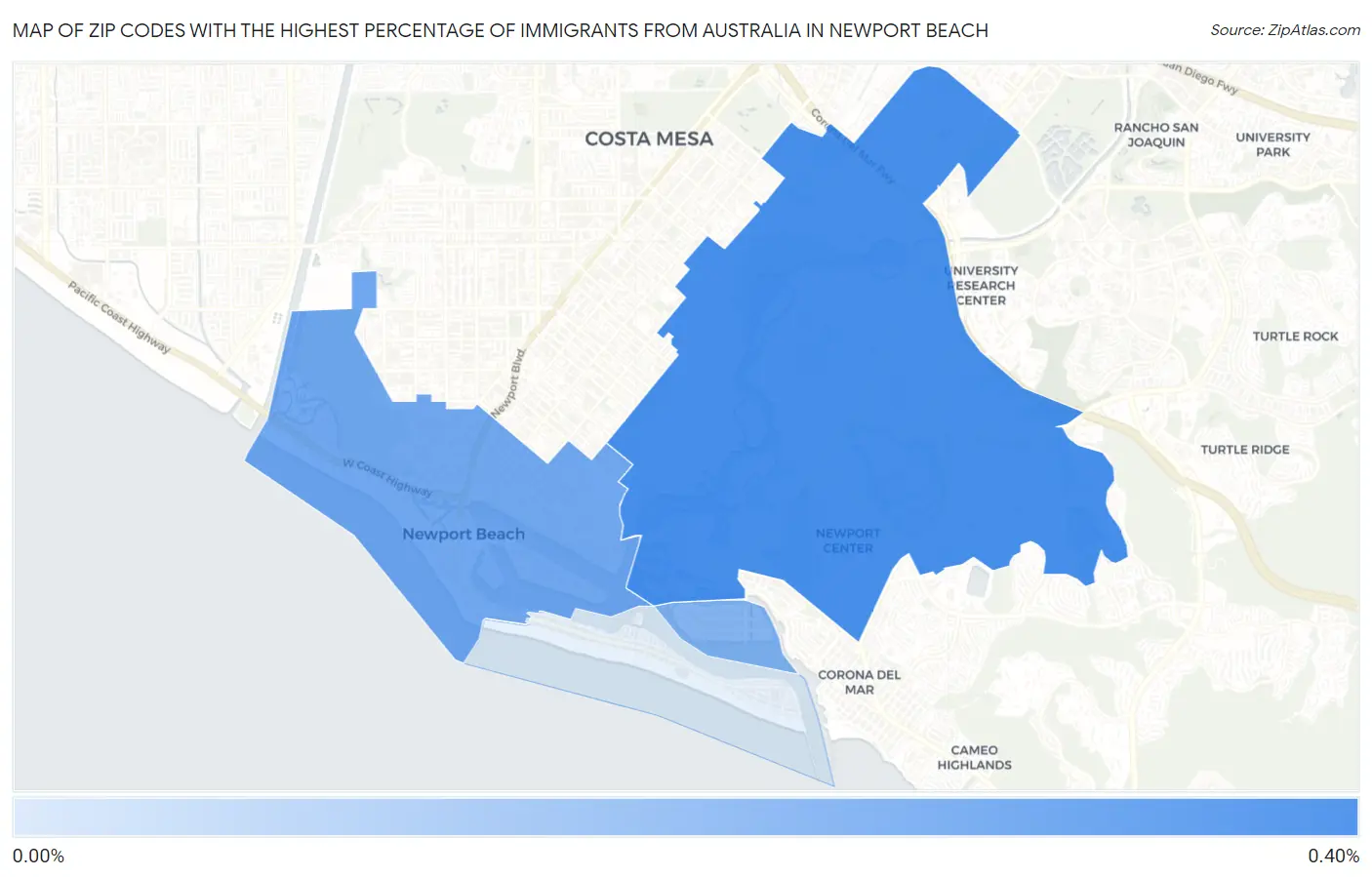 Zip Codes with the Highest Percentage of Immigrants from Australia in Newport Beach Map