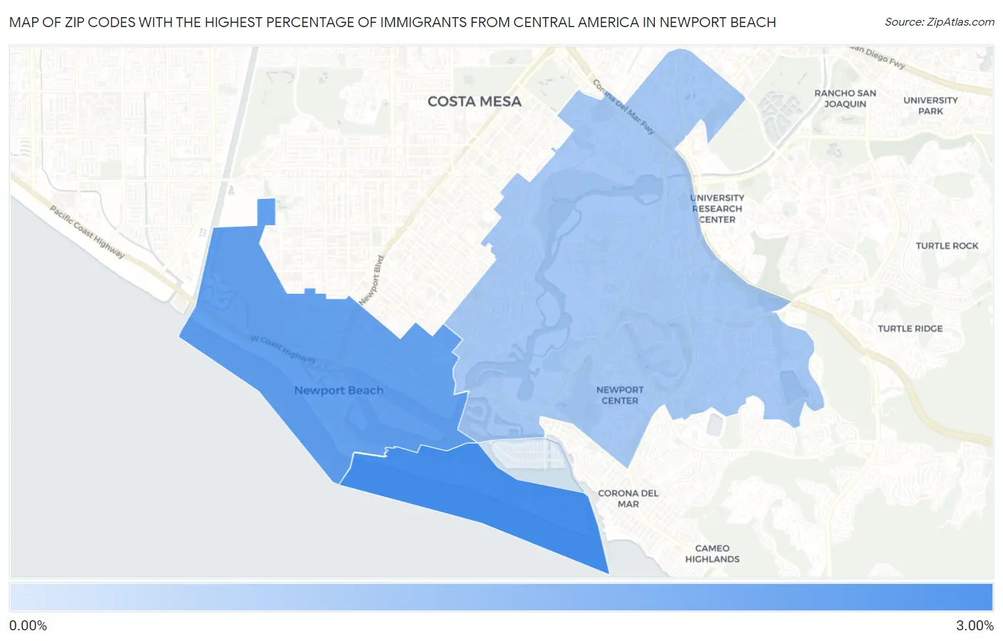 Zip Codes with the Highest Percentage of Immigrants from Central America in Newport Beach Map