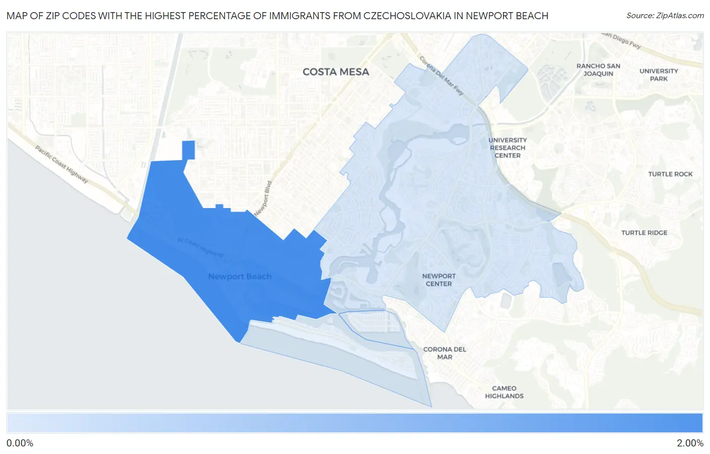 Zip Codes with the Highest Percentage of Immigrants from Czechoslovakia in Newport Beach Map