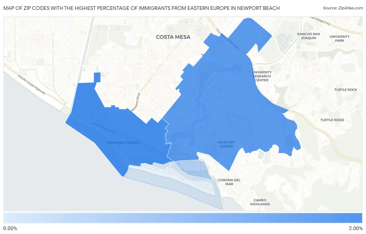 Zip Codes with the Highest Percentage of Immigrants from Eastern Europe in Newport Beach Map