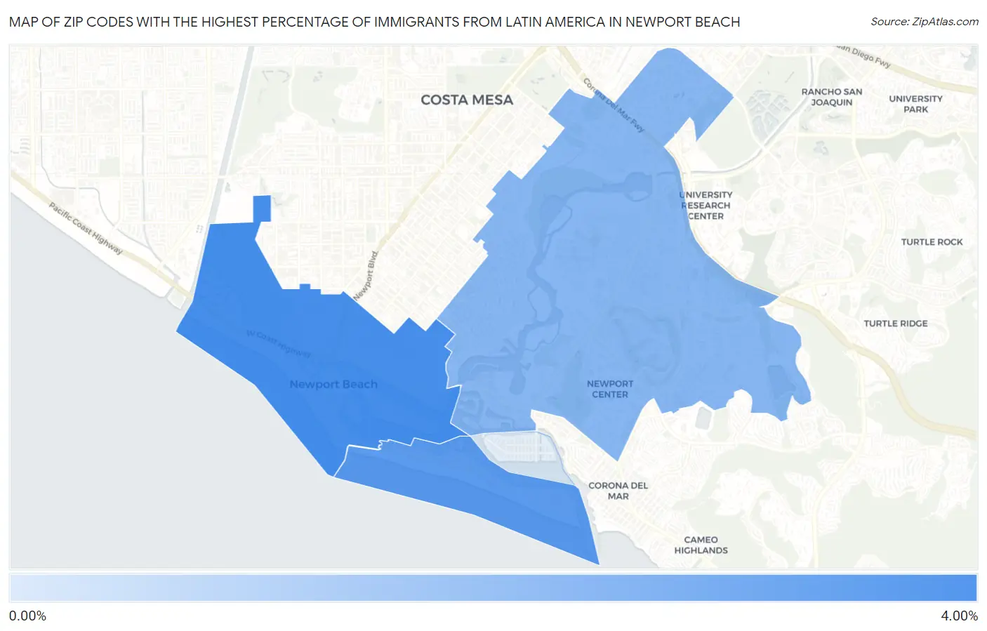 Zip Codes with the Highest Percentage of Immigrants from Latin America in Newport Beach Map