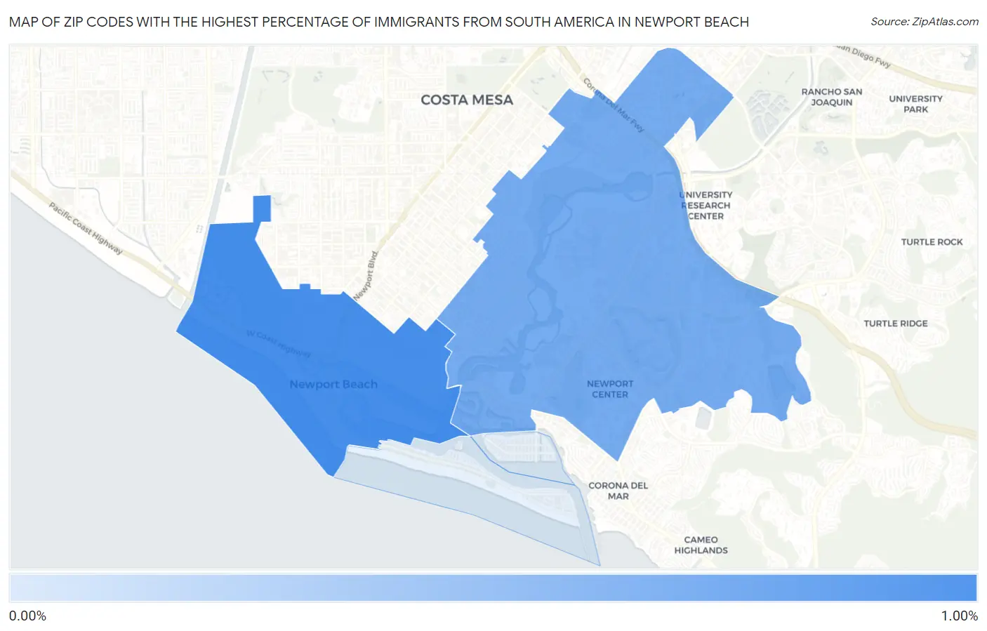 Zip Codes with the Highest Percentage of Immigrants from South America in Newport Beach Map