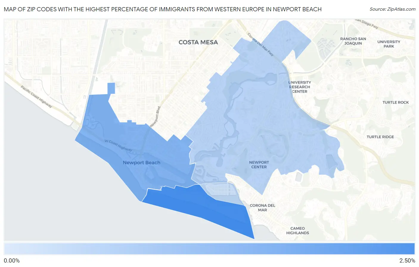Zip Codes with the Highest Percentage of Immigrants from Western Europe in Newport Beach Map