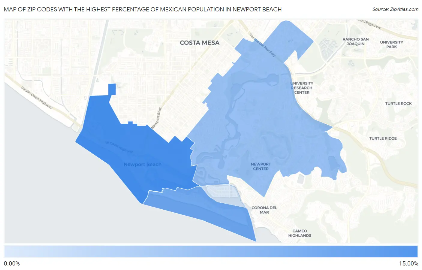 Zip Codes with the Highest Percentage of Mexican Population in Newport Beach Map