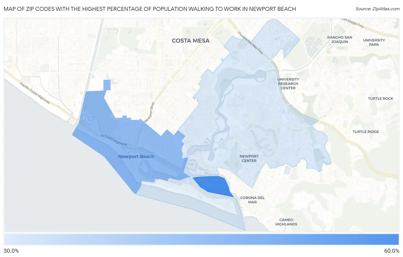 Zip Codes with the Highest Percentage of Population Walking to Work in Newport Beach Map
