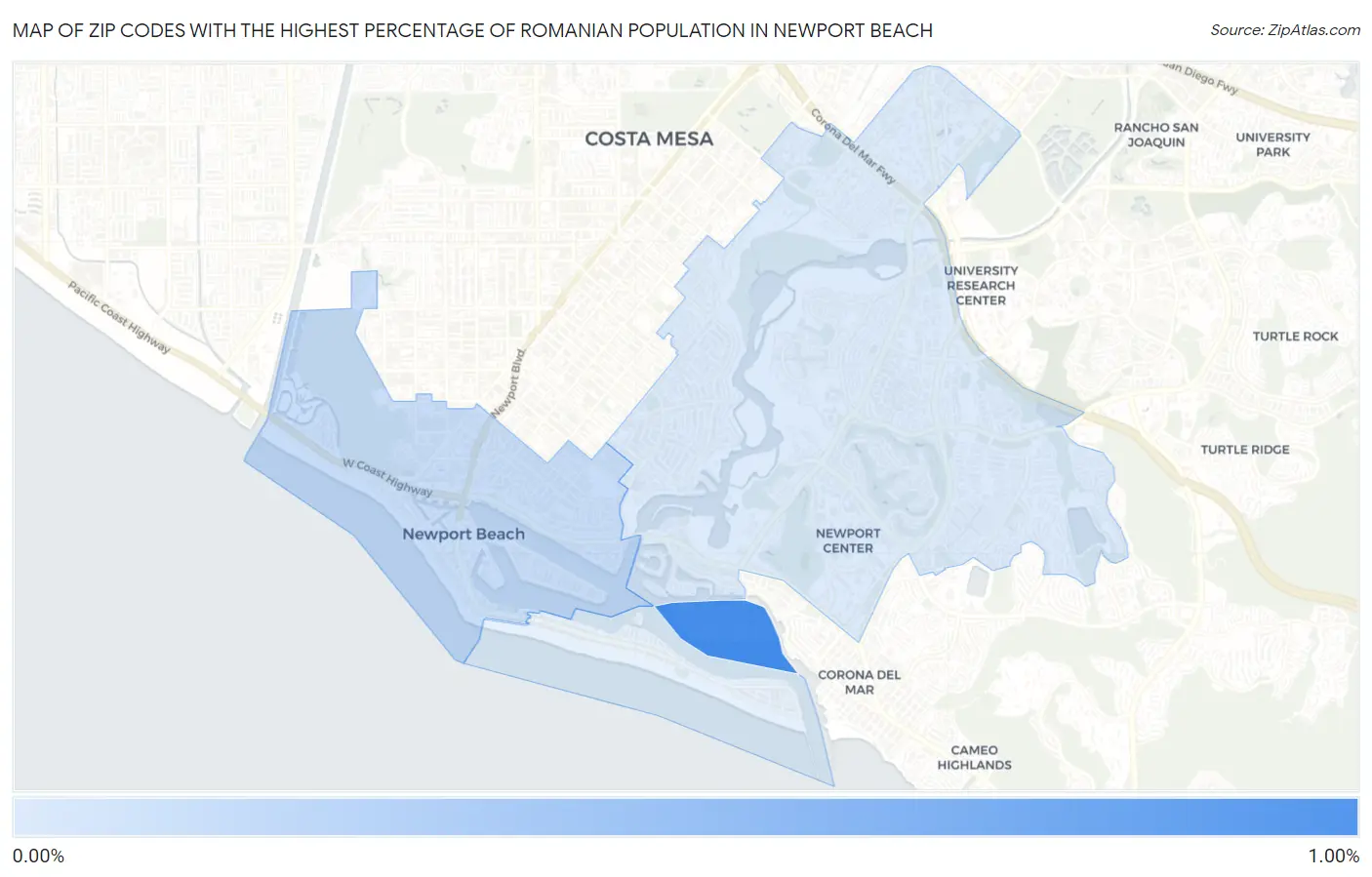 Zip Codes with the Highest Percentage of Romanian Population in Newport Beach Map