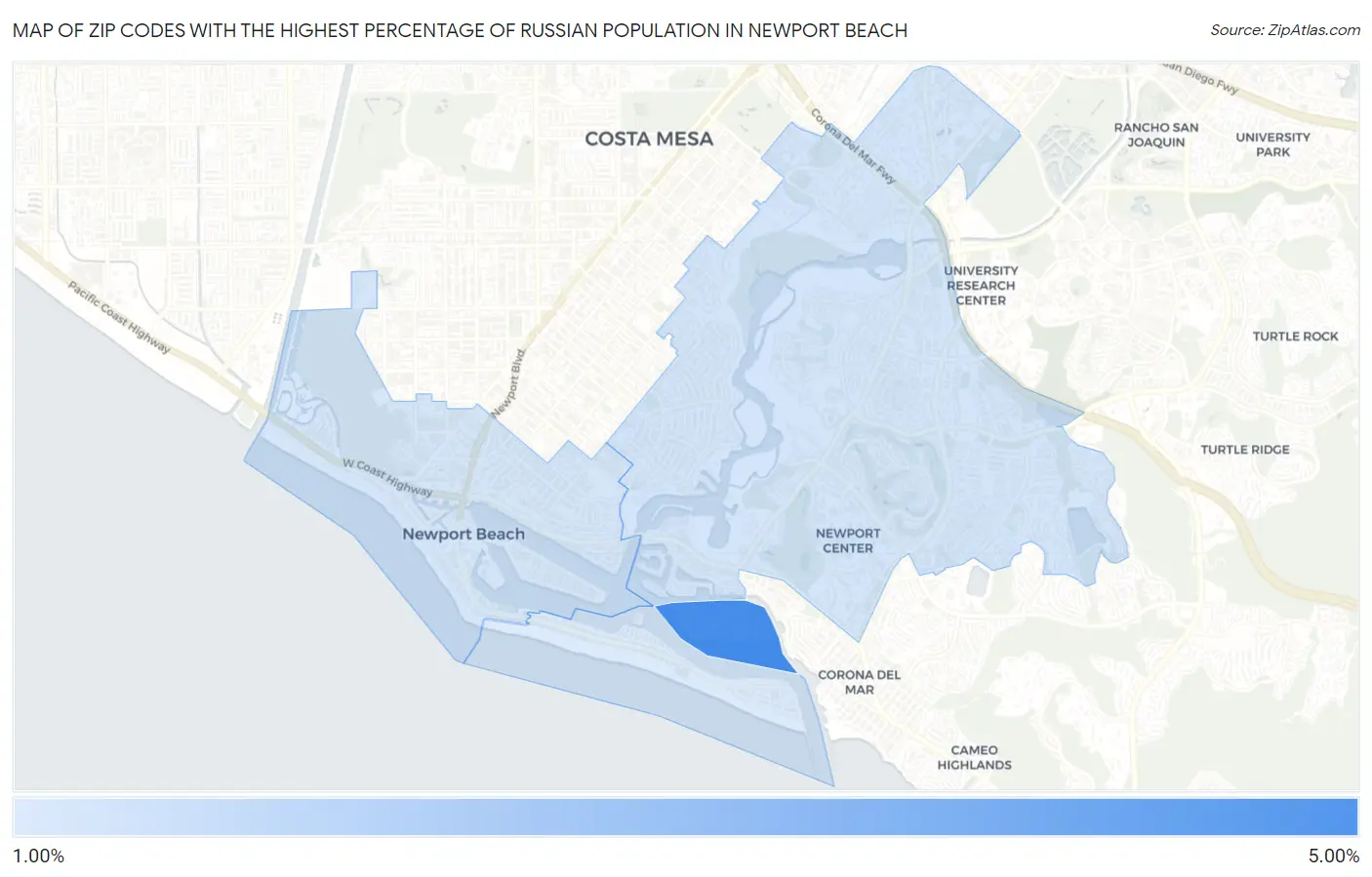 Zip Codes with the Highest Percentage of Russian Population in Newport Beach Map