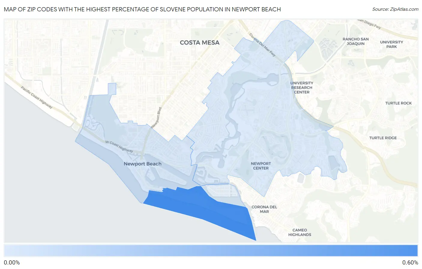 Zip Codes with the Highest Percentage of Slovene Population in Newport Beach Map