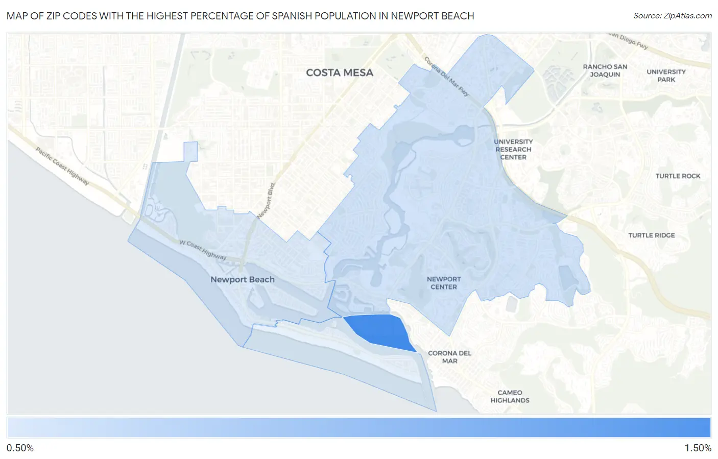 Zip Codes with the Highest Percentage of Spanish Population in Newport Beach Map