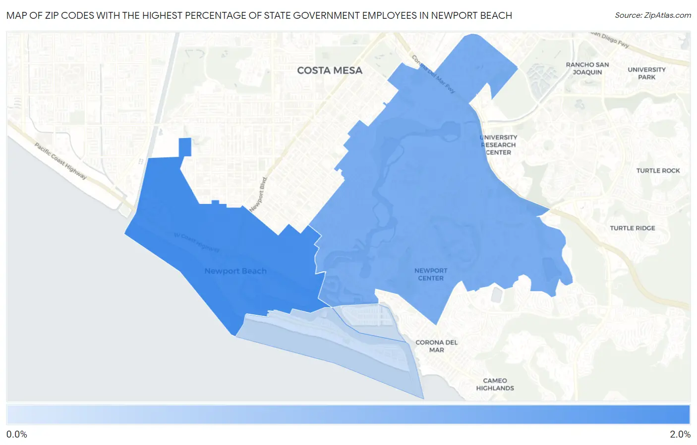 Zip Codes with the Highest Percentage of State Government Employees in Newport Beach Map