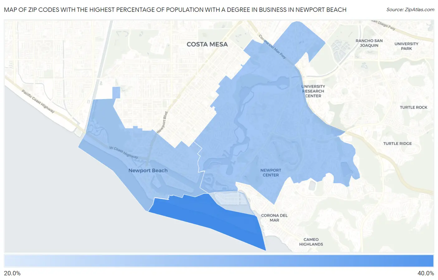 Zip Codes with the Highest Percentage of Population with a Degree in Business in Newport Beach Map