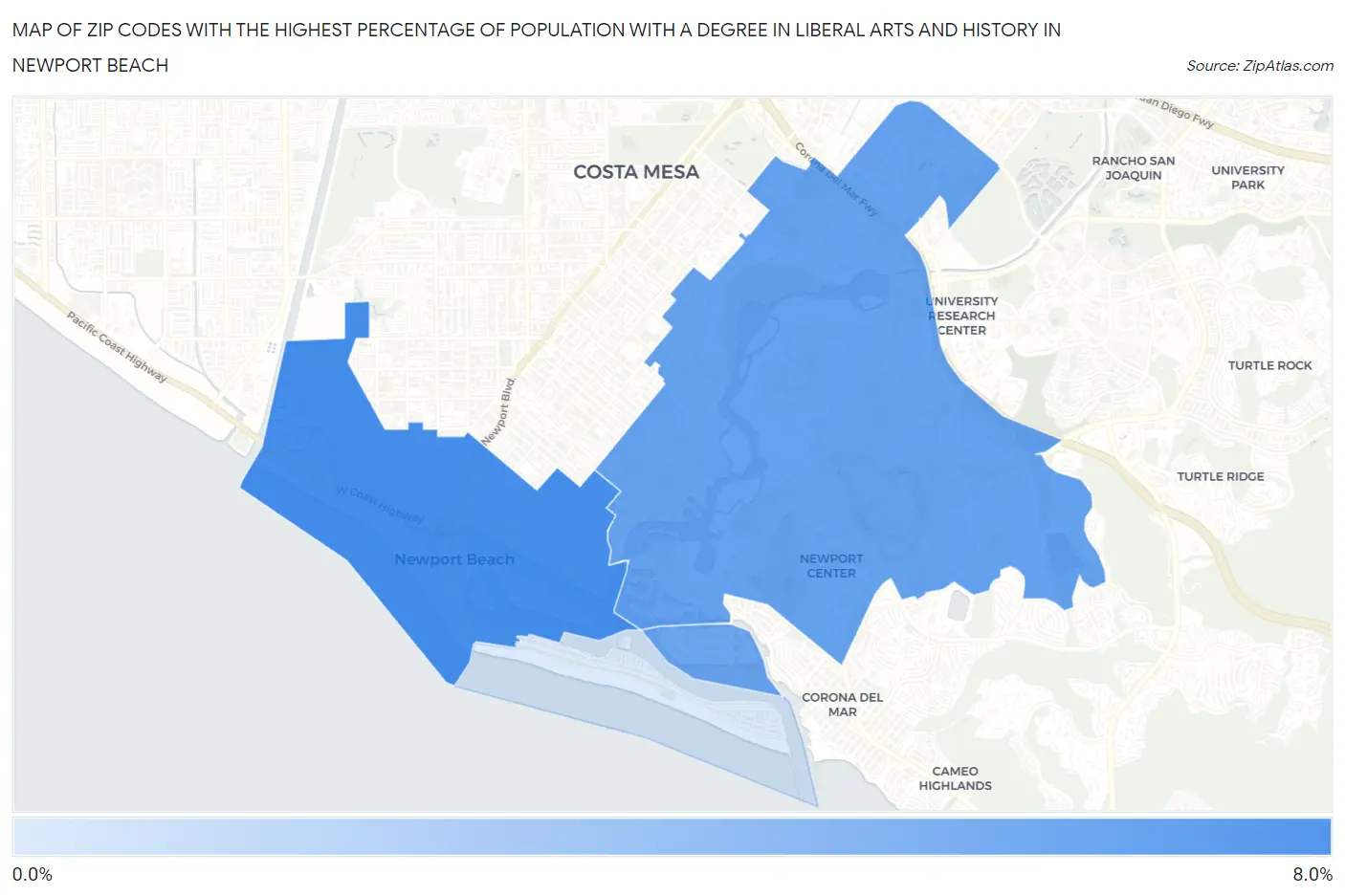 Zip Codes with the Highest Percentage of Population with a Degree in Liberal Arts and History in Newport Beach Map