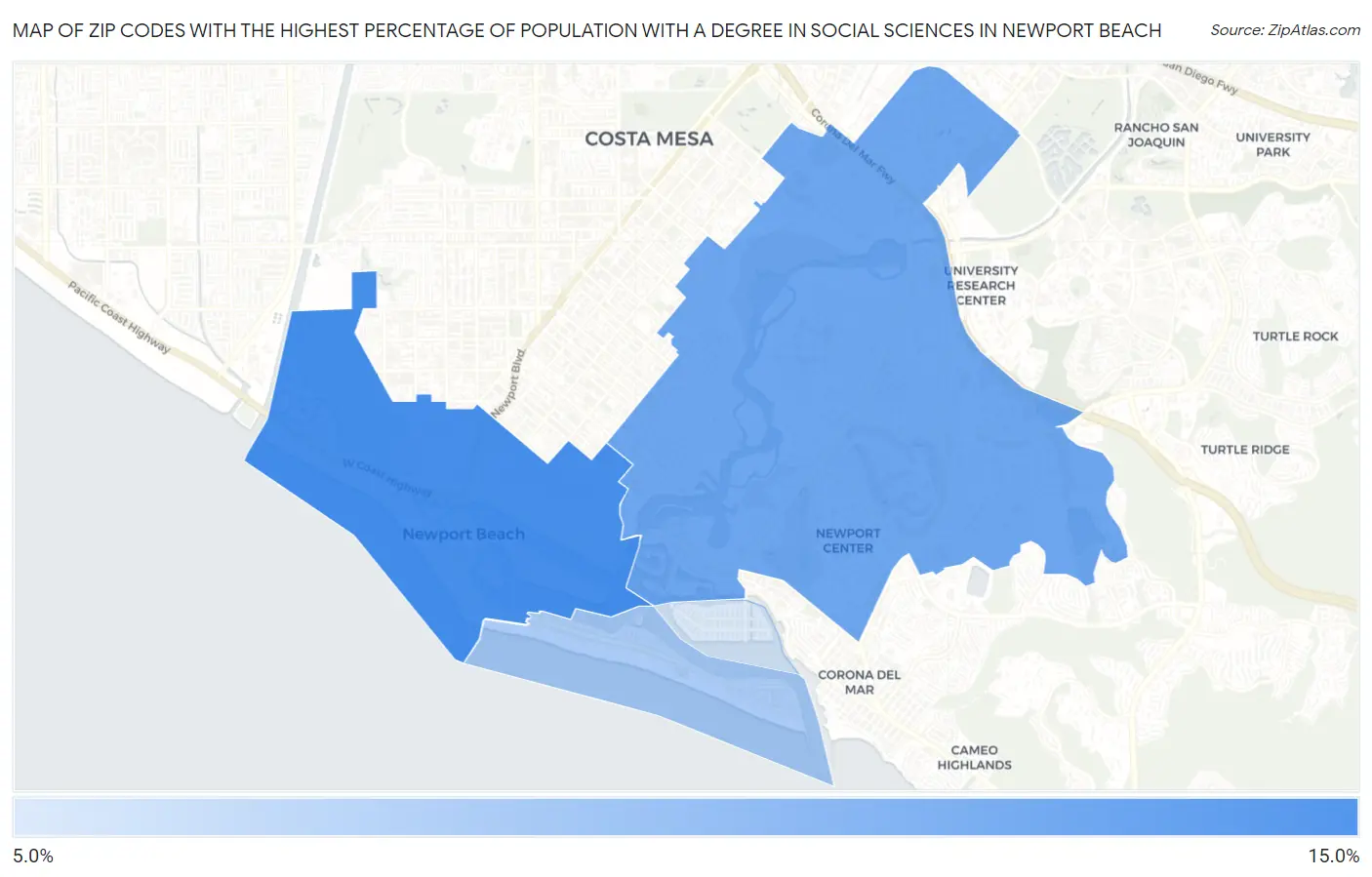 Zip Codes with the Highest Percentage of Population with a Degree in Social Sciences in Newport Beach Map