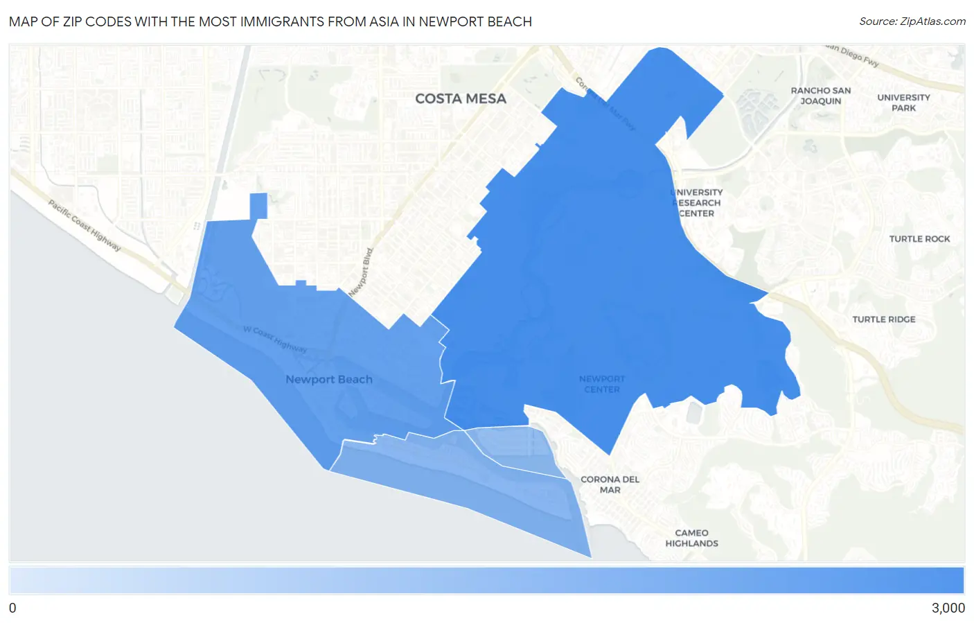 Zip Codes with the Most Immigrants from Asia in Newport Beach Map