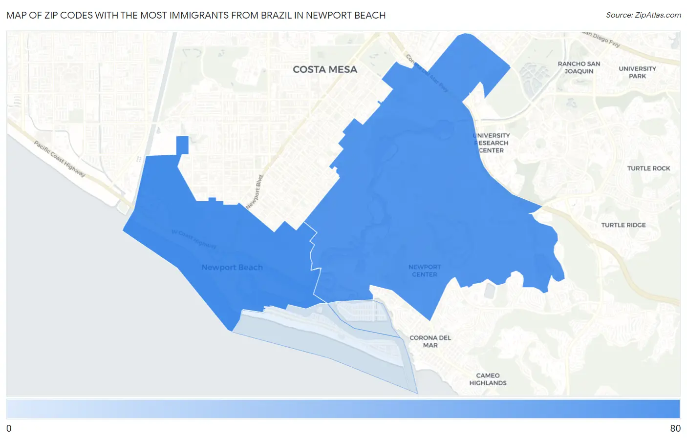 Zip Codes with the Most Immigrants from Brazil in Newport Beach Map