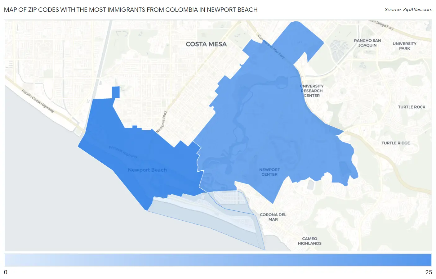 Zip Codes with the Most Immigrants from Colombia in Newport Beach Map