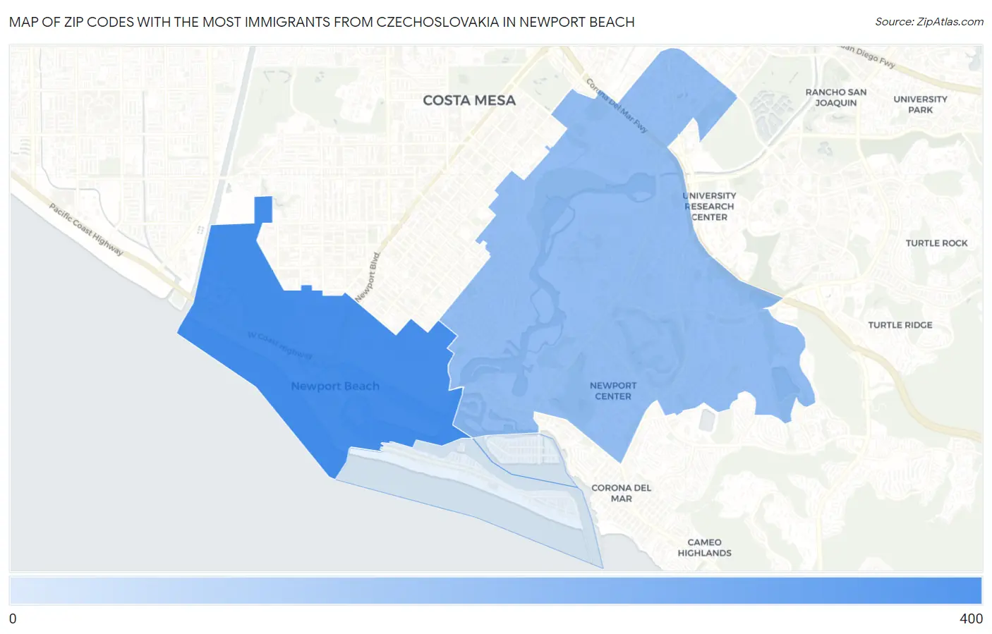Zip Codes with the Most Immigrants from Czechoslovakia in Newport Beach Map