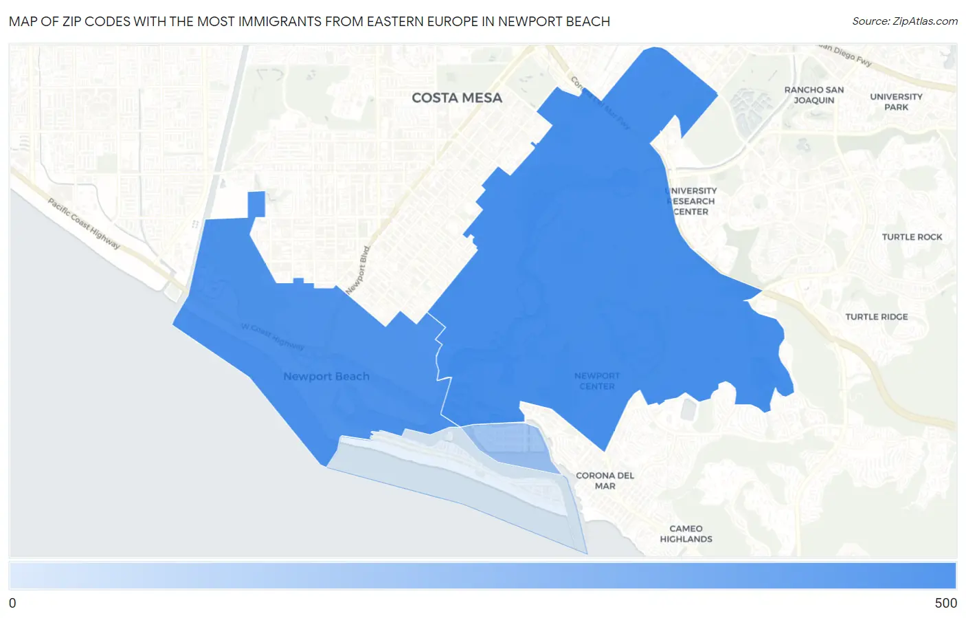 Zip Codes with the Most Immigrants from Eastern Europe in Newport Beach Map