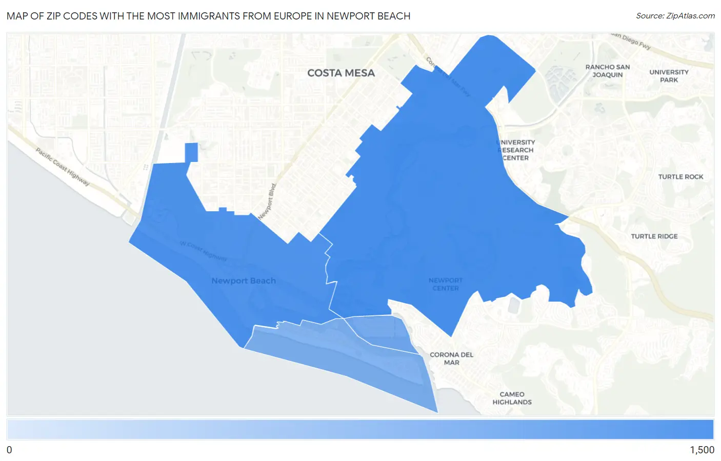 Zip Codes with the Most Immigrants from Europe in Newport Beach Map