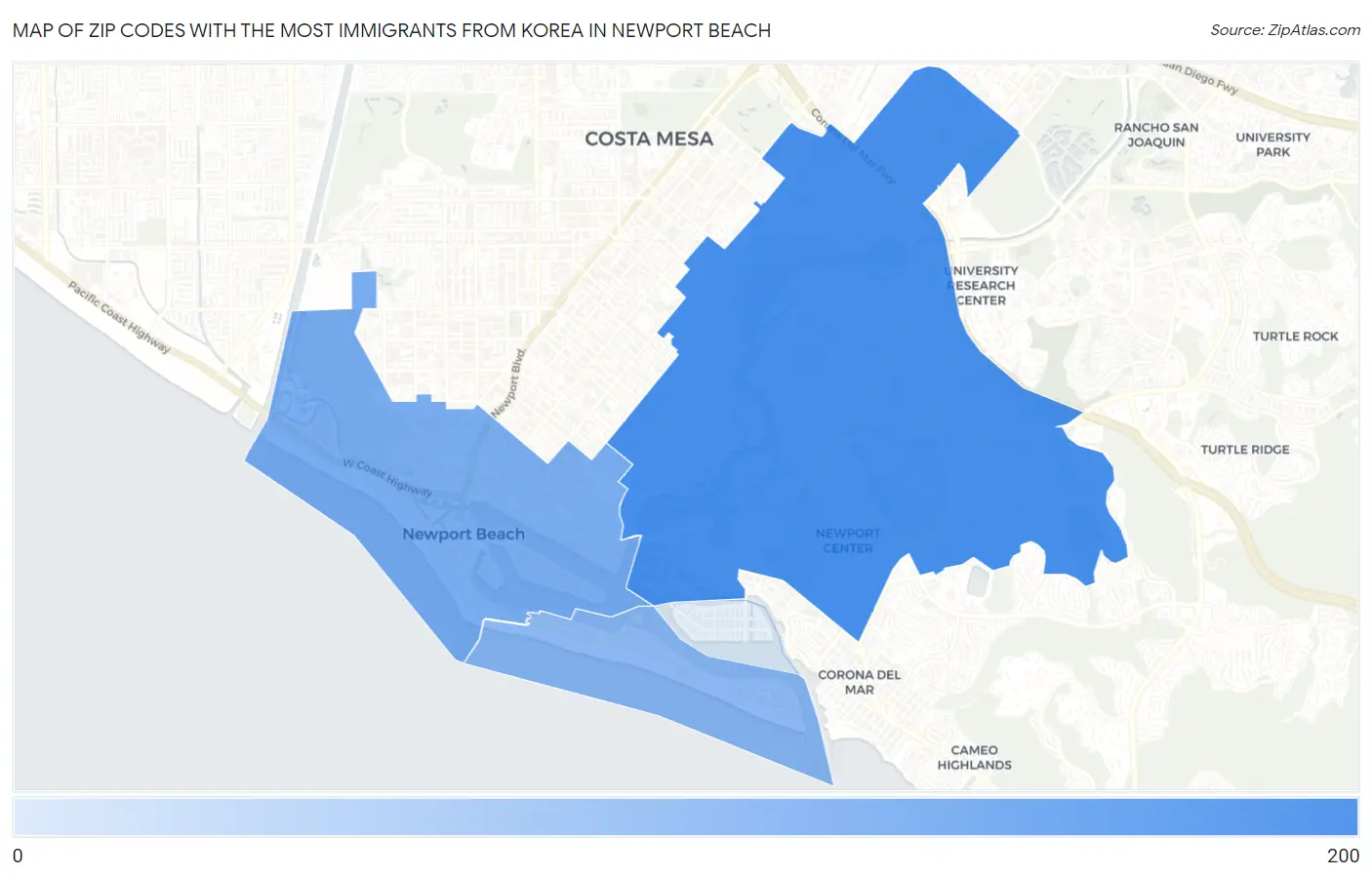 Zip Codes with the Most Immigrants from Korea in Newport Beach Map