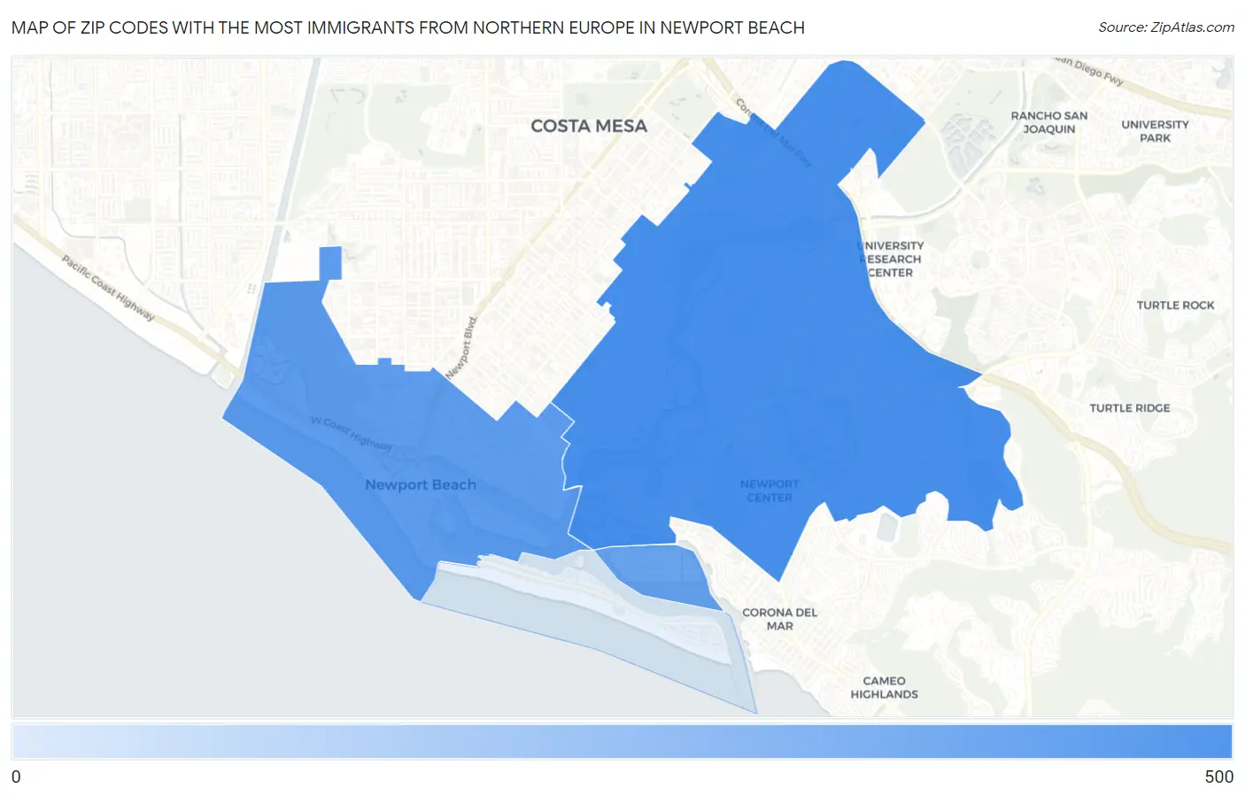 Zip Codes with the Most Immigrants from Northern Europe in Newport Beach Map
