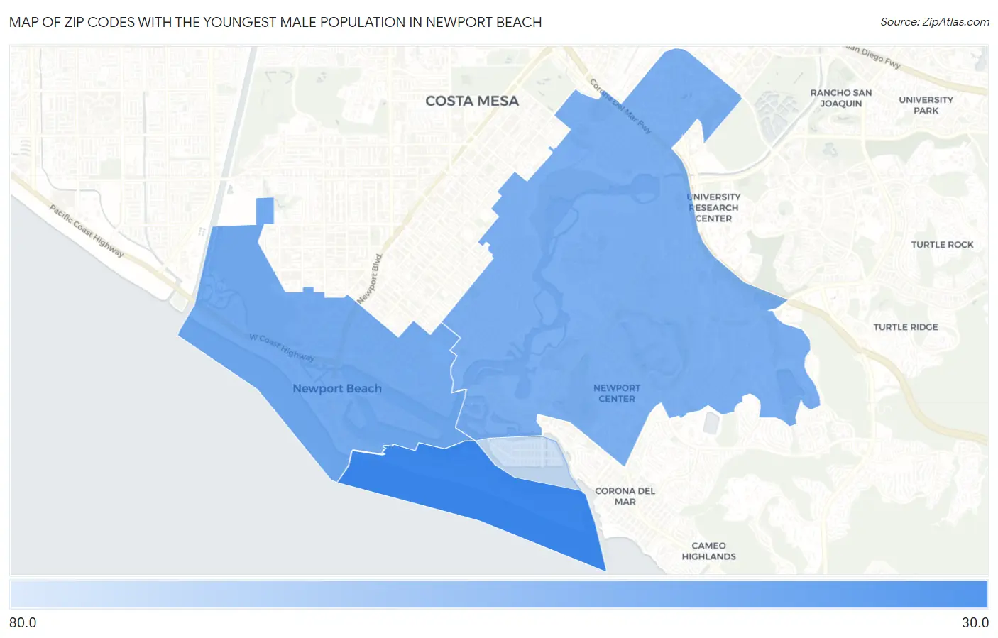 Zip Codes with the Youngest Male Population in Newport Beach Map