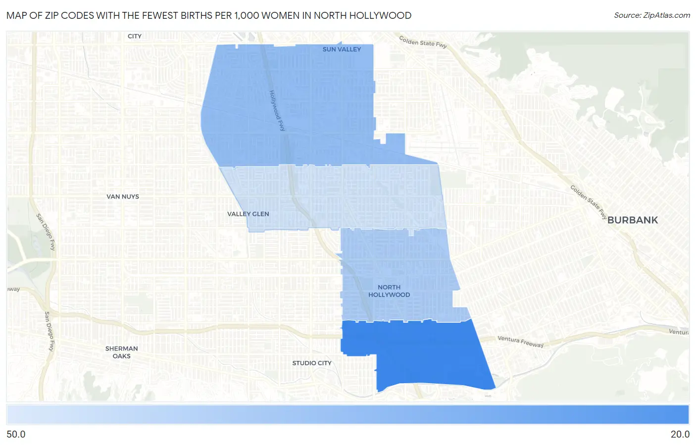 Zip Codes with the Fewest Births per 1,000 Women in North Hollywood Map