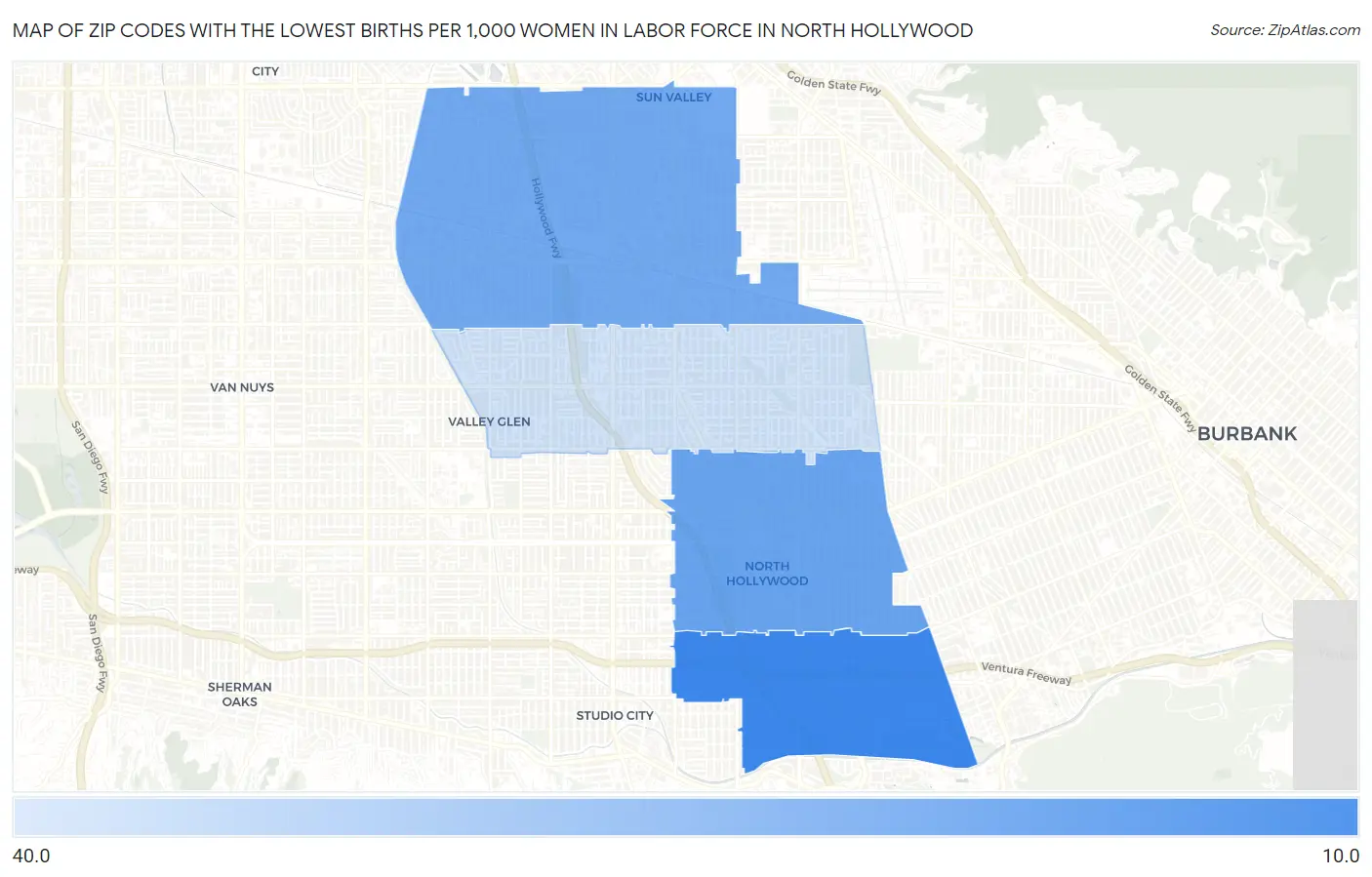 Zip Codes with the Lowest Births per 1,000 Women in Labor Force in North Hollywood Map