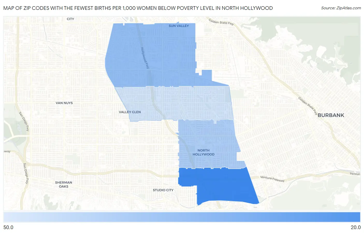 Zip Codes with the Fewest Births per 1,000 Women Below Poverty Level in North Hollywood Map