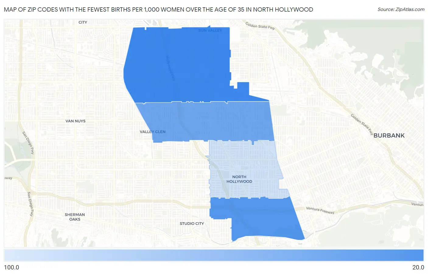 Zip Codes with the Fewest Births per 1,000 Women Over the Age of 35 in North Hollywood Map